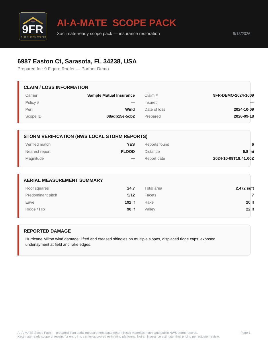 AI-A-MATE scope pack โ claim fields, storm verification and measurement summary